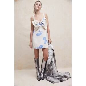 Free People Tie A Bow Cream and Blue Mini Dress Size XL Feminine Coastal Chic